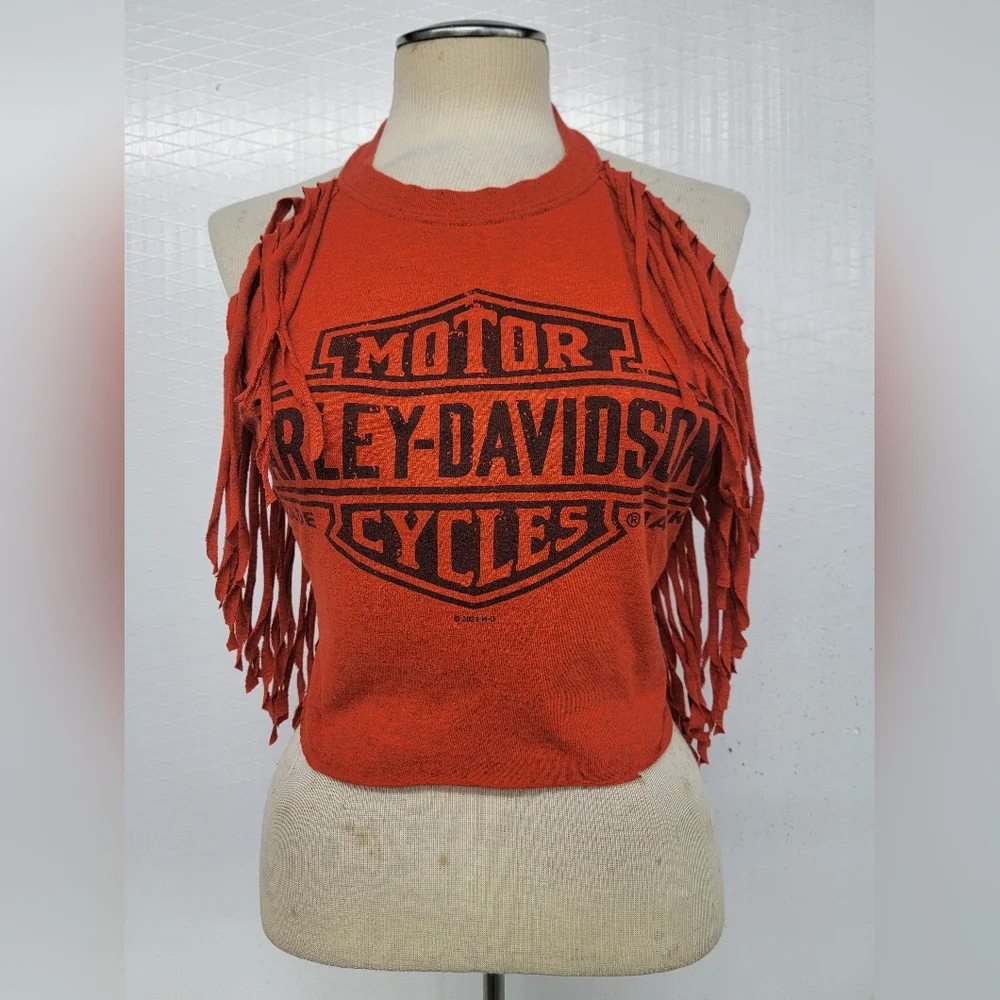 Harley Davidson Fringe Halter Top Upcycled - Picture 1 of 6